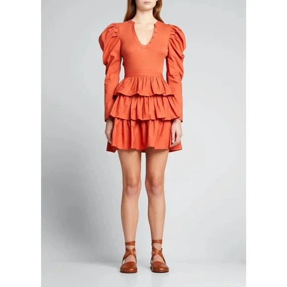 NWT $395 Ulla Johnson Amiri Puff Sleeve Tiered Mini Dress Orange S - Picture 1 of 9